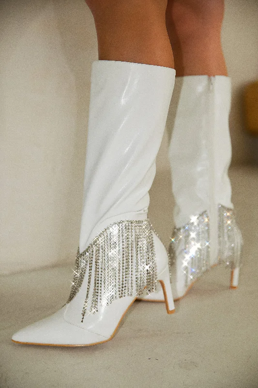 Faye Embellished Fringe Knee High Boots - White