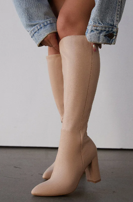 Fine Time Block Heel Knee High Boots - Nude