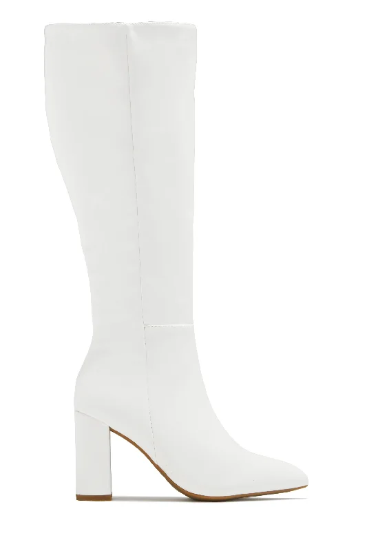 Fine Time Block Heel Knee High Boots - White