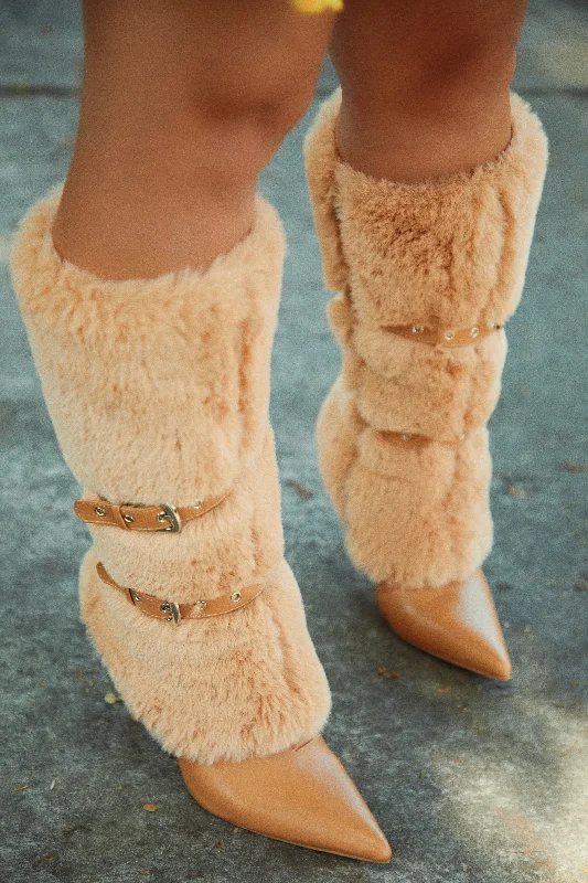 Kyla Faux Fur Heel Boots - Nude