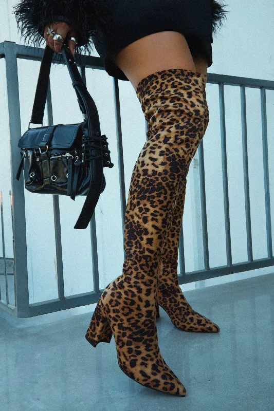 Make A Statement Block Heel Over The Knee Boots - Tan Leopard