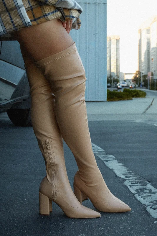 Make A Statement Block Heel Over The Knee Boots - Nude