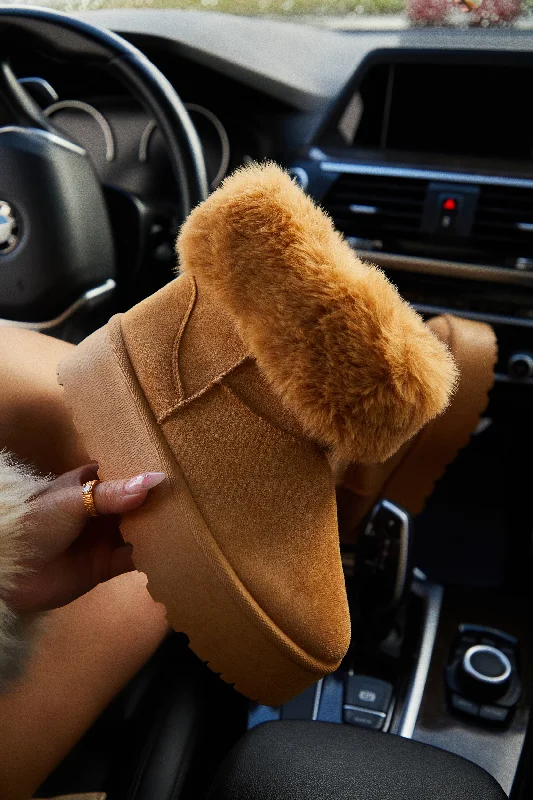 Morning Coffee Faux Fur Platform Booties - Camel