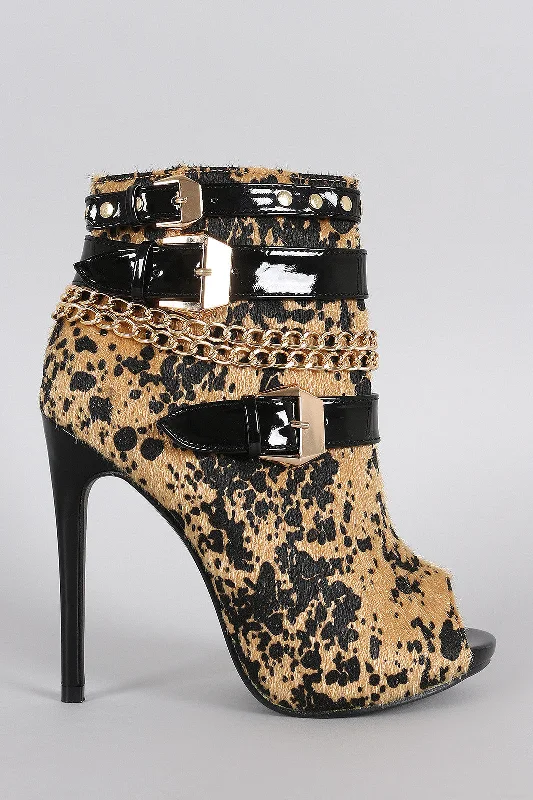 Leopard Calf Hair Studded Buckled Peep Toe Stiletto Booties