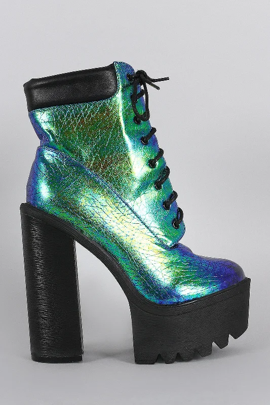 Iridescent Lug Sole Lace Up Chunky Platform Heeled Ankle Boots