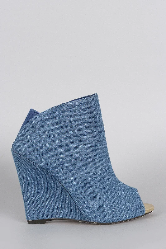 Denim Back Elastic Gore Peep Toe Wedge Booties