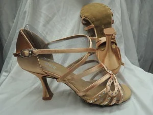 2.5" Hope -- Flare Heel Latin Sandal with Rhinestones -- Tan Satin