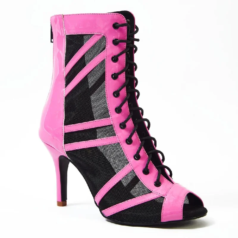 Pre-sale | Bad Bish Heels - Pink Open Toe Lace Up Bootie with Mesh Stiletto Dance Heels Dance Shoes