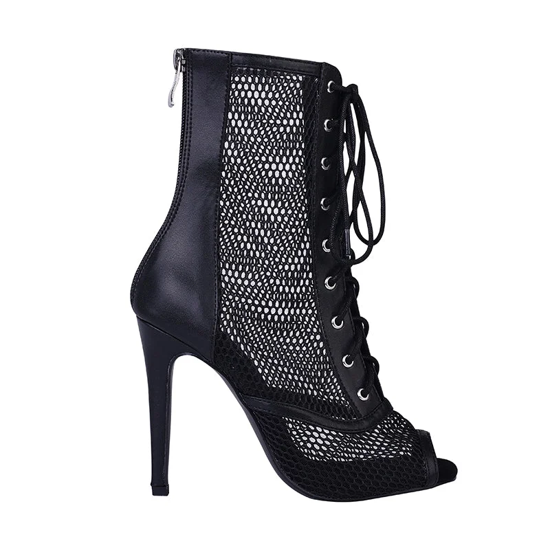 Baile - Black Open Toe Lace Up Bootie With Fishnet Mesh Dance Heels Dance Shoes