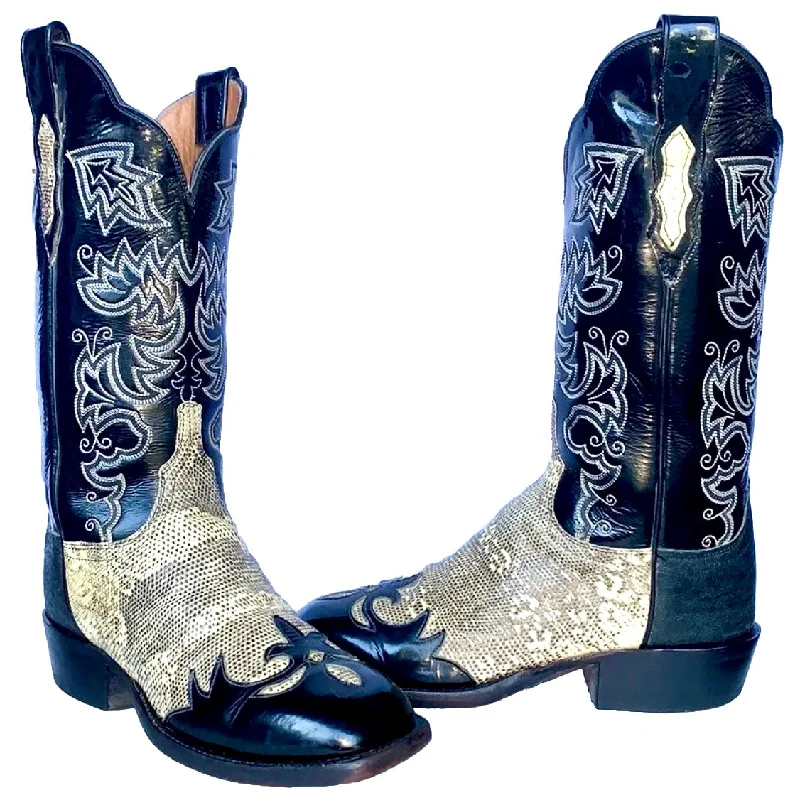 LUCCHESE Cowgirl Ring Lizard Exotic Handmade Tall Black Leather Western Cowgirl Cowboy Boots