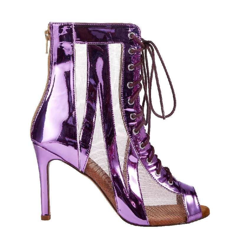 Certified Baddie - Pink Metallic Open Toe Lace Up Bootie with Mesh Stiletto Dance Heels Dance Shoes