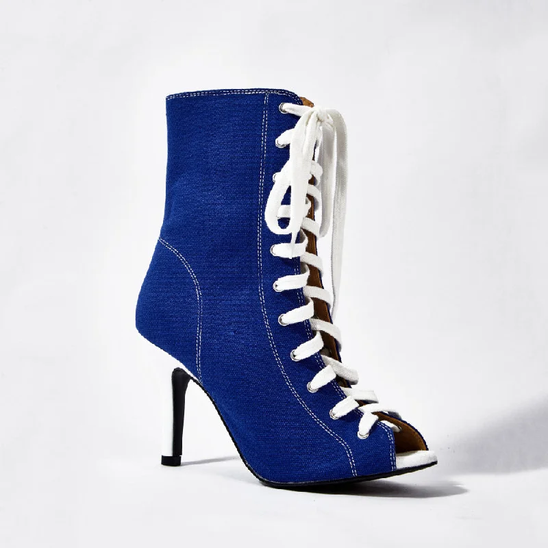 Skye - Blue Denim Open Toe Lace Up Bootie Stiletto Dance Heels Dance Shoes