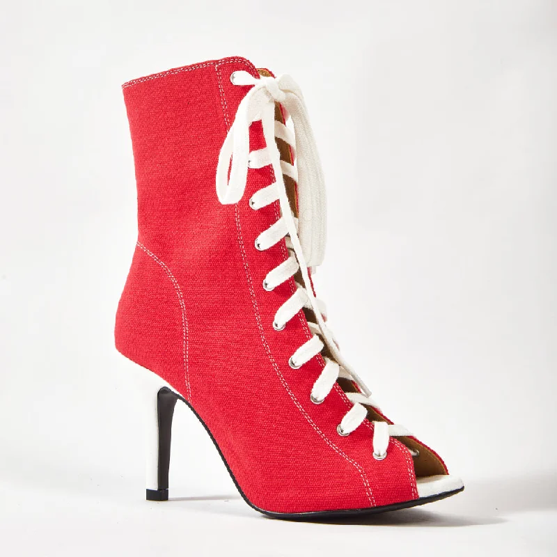 Skye - Red Denim Open Toe Lace Up Bootie Stiletto Dance Heels Dance Shoes