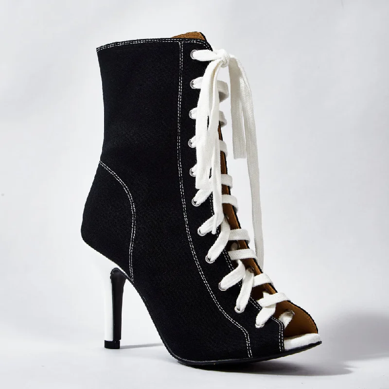 Skye - Black Denim Open Toe Lace Up Bootie Stiletto Dance Heels Dance Shoes