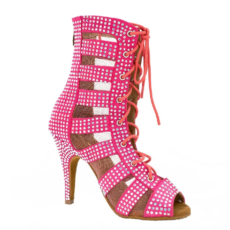 Valley Girl Luxe - Rhinestone Pink Open Toe Lace Up Ankle Bootie Stiletto Dance Heels Dance Shoes