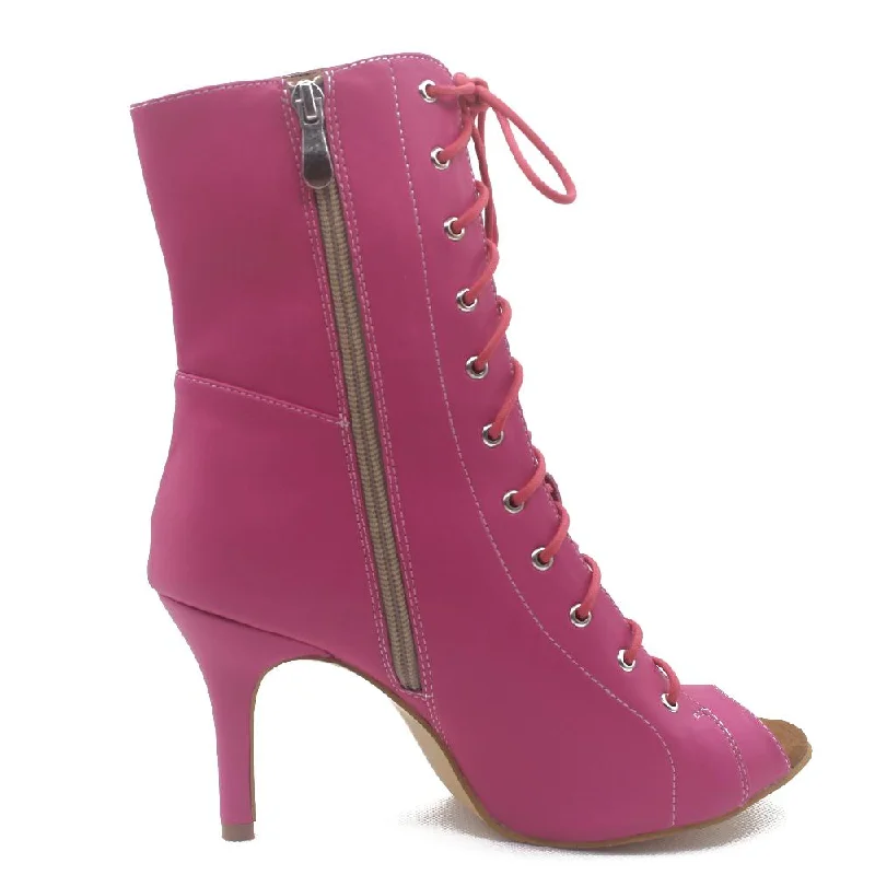 Valley Girl- Pink Open Toe Lace Up Bootie Stiletto Dance Heels Dance Shoes