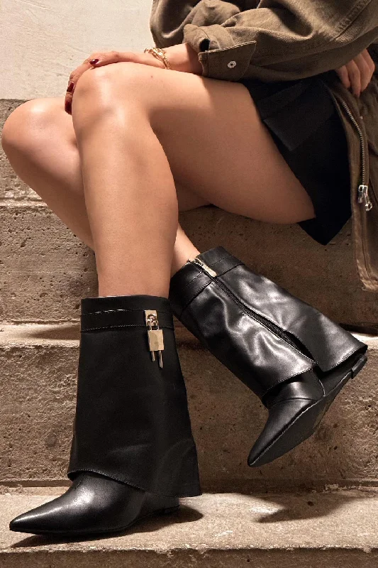 BLACK PU FOLDED OVER WEDGE ANKLE BOOTS