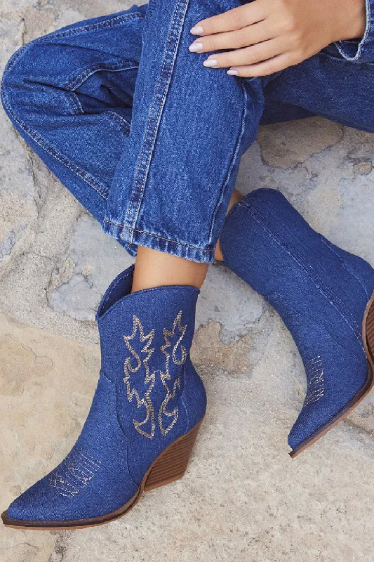 BLUE DENIM EMBROIDED ANKLE HIGH WESTERN COWBOY BOOTS