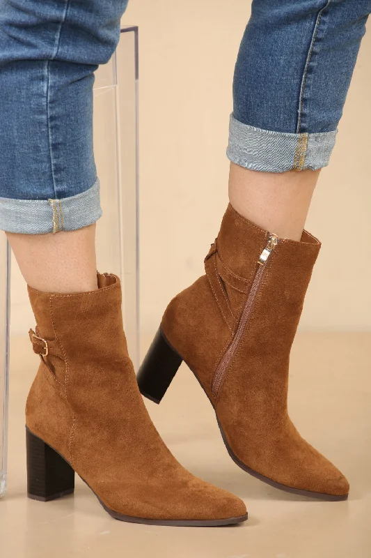 Cognac Suede Block Heel Boot With Buckle Detail