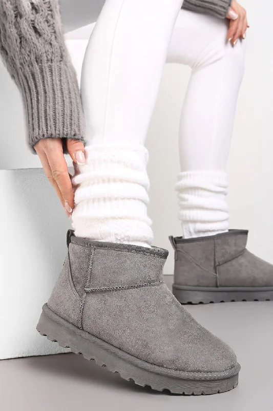 GREY FAUX SUEDE ULTRA MINI COZY SNOW ANKLE BOOTS