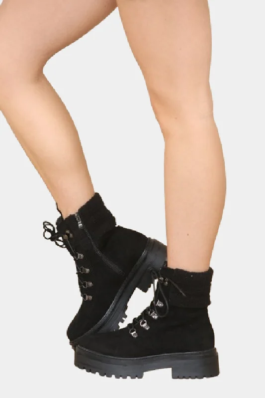 Black Suede Fur Collar Lace up Ankle Boots