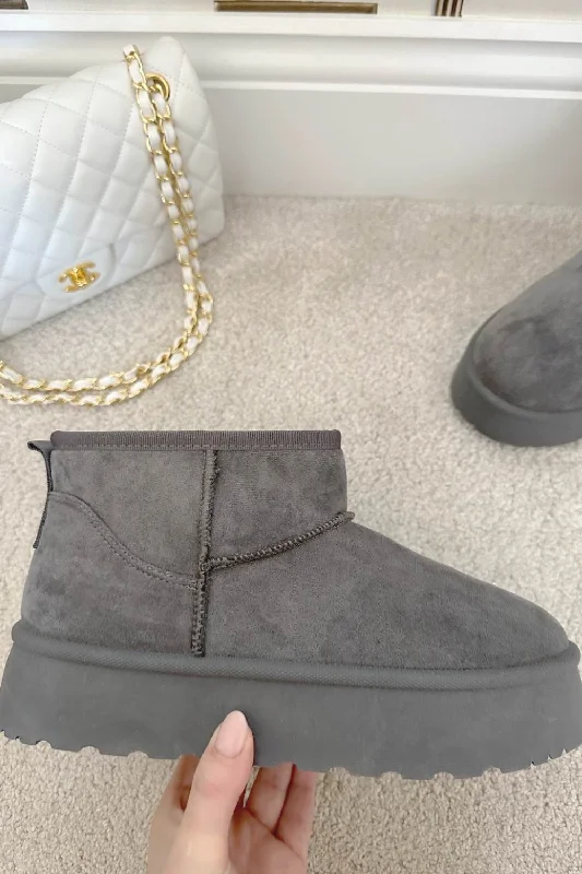 GREY ULTRA MINI PLATFORM FAUX FUR LINED ANKLE BOOTS