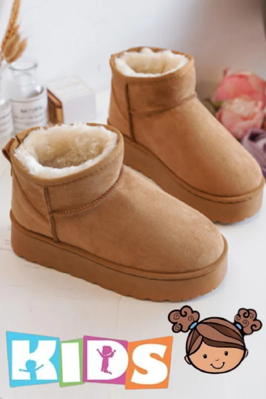 KIDS ANKLE LENGTH FAUX FUR LINING BOOTS IN CHESTNUT UK10-UK2