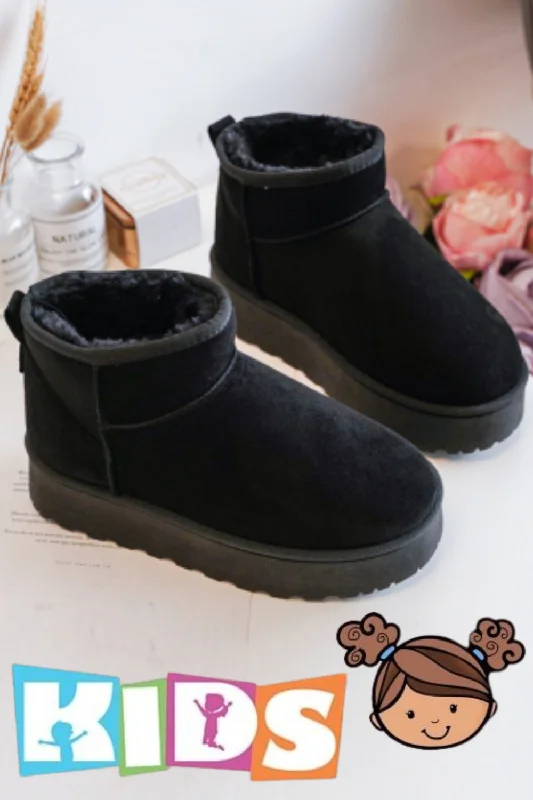 KIDS ANKLE LENGTH FAUX FUR LINING BOOTS IN BLACK UK10-UK2