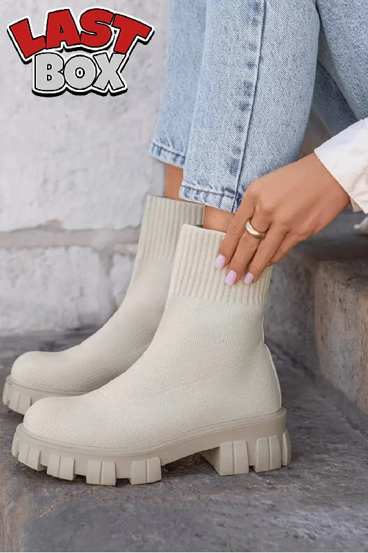 Cream Knitted Sock Pull On Chunky Ankle Boot