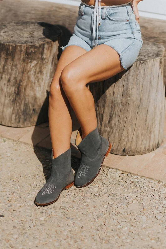 Daisy Round Toe Western Ankle Boots - Grey Suede