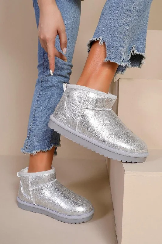 SILVER FAUX SUEDE ULTRA MINI COZY SNOW ANKLE BOOTS