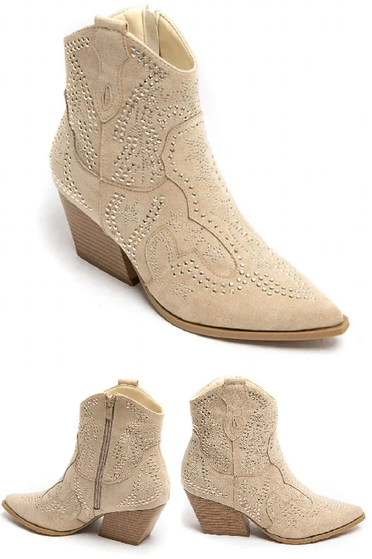 BEIGE EMBELLISHED ANKLE LENGTH WESTERN COWBOY BOOTS